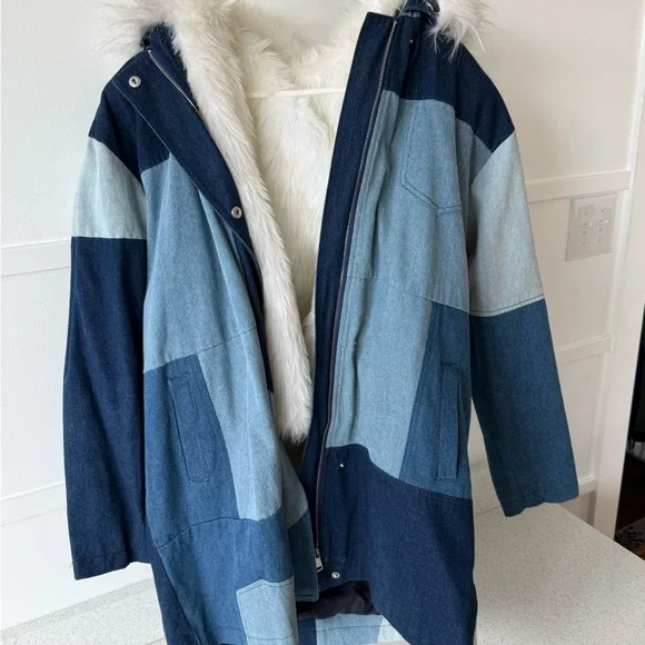 Urban Outfitters Patchwork Denim Parka with Faux Fur Trim - Picture 1 of 6